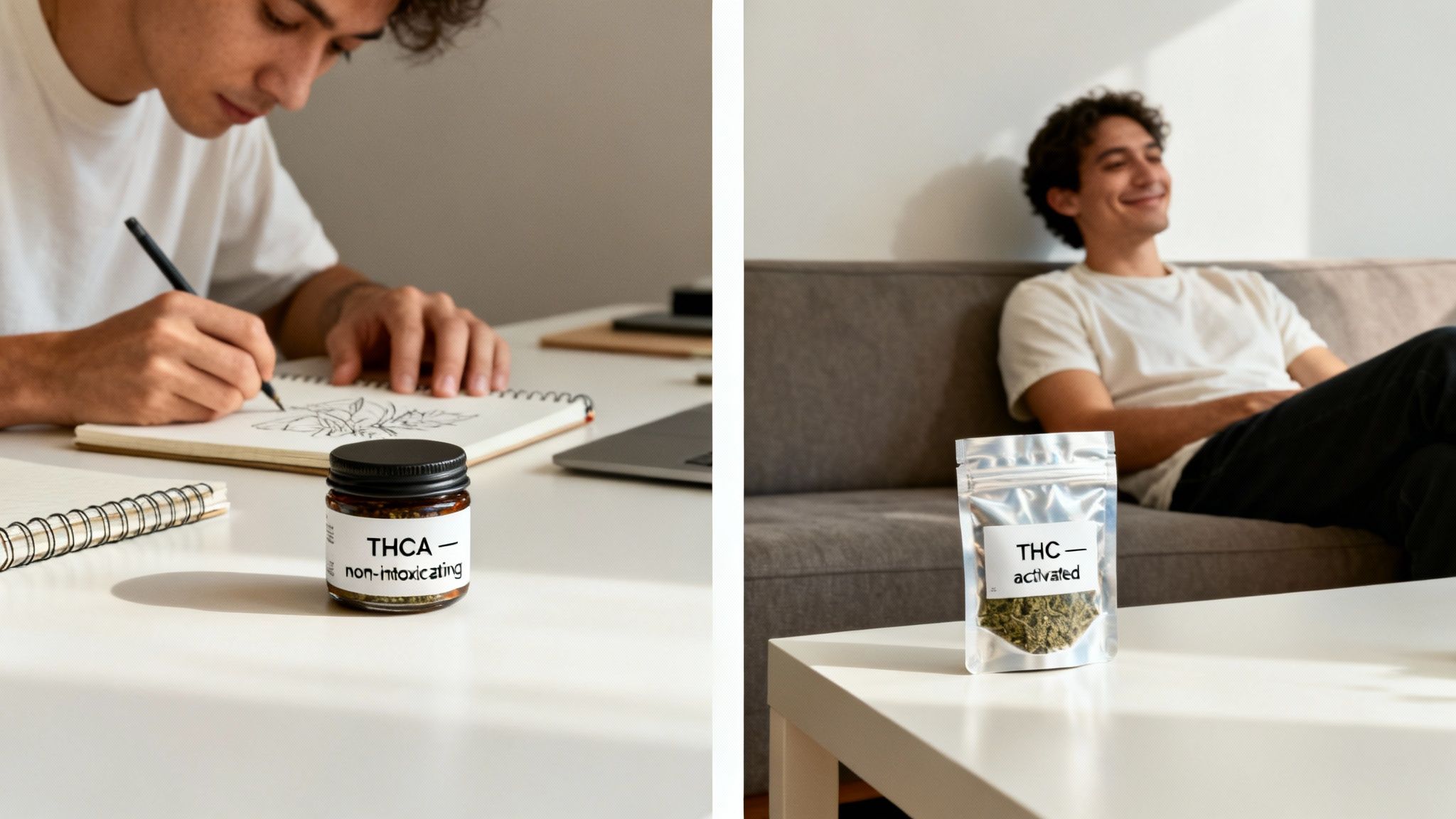 THC vs THCA Understanding The Key Cannabis Differences 3 Two images side-by-side contrasting THCA and THC products with people engaged in different activities.