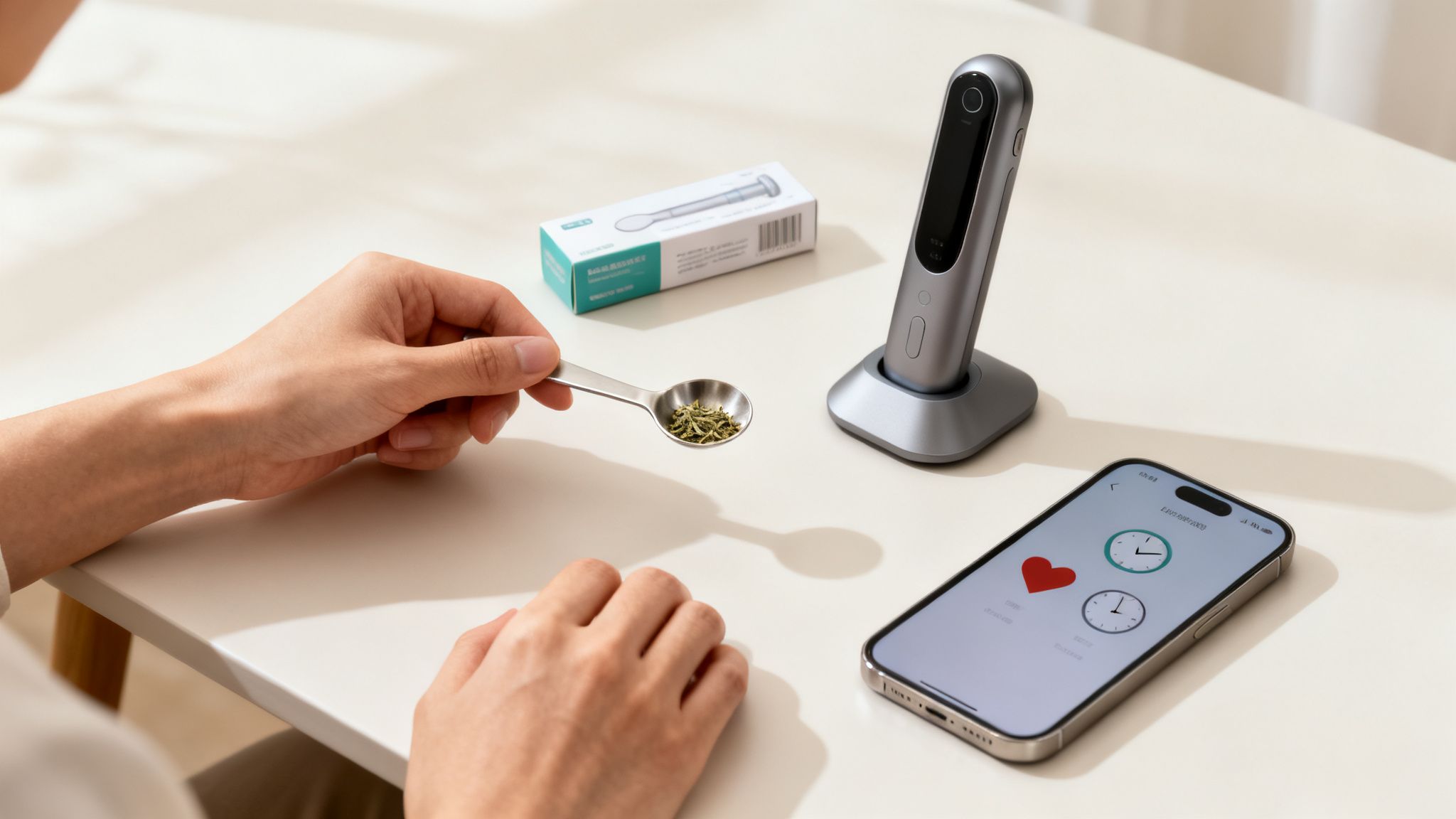 Does sativa make you sleepy: debunking myths and your cannabis experience 4 Person holding a measuring spoon with dry herbs, next to a smartphone displaying health metrics and a device.