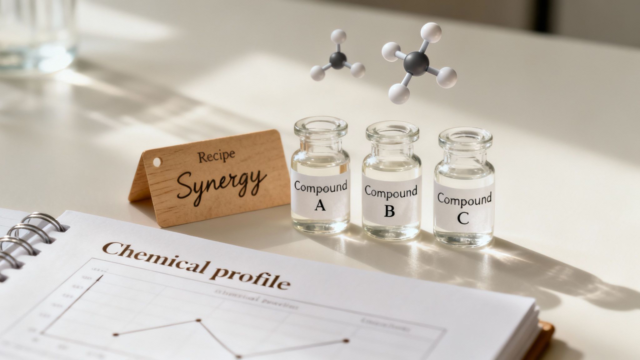 Indica vs Sativa Effects What Really Matters 2 Three clear vials labeled Compounds A, B, C, with molecular models and a 'Synergy' sign.