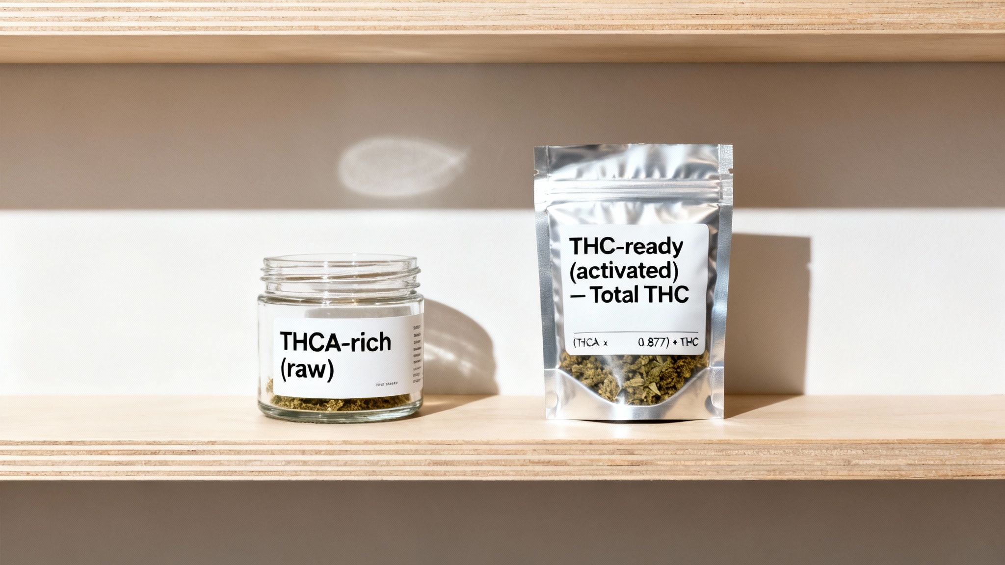 THC vs THCA Understanding The Key Cannabis Differences 4 Two containers on a shelf illustrate THCA-rich (raw) versus THC-ready (activated) cannabis products.