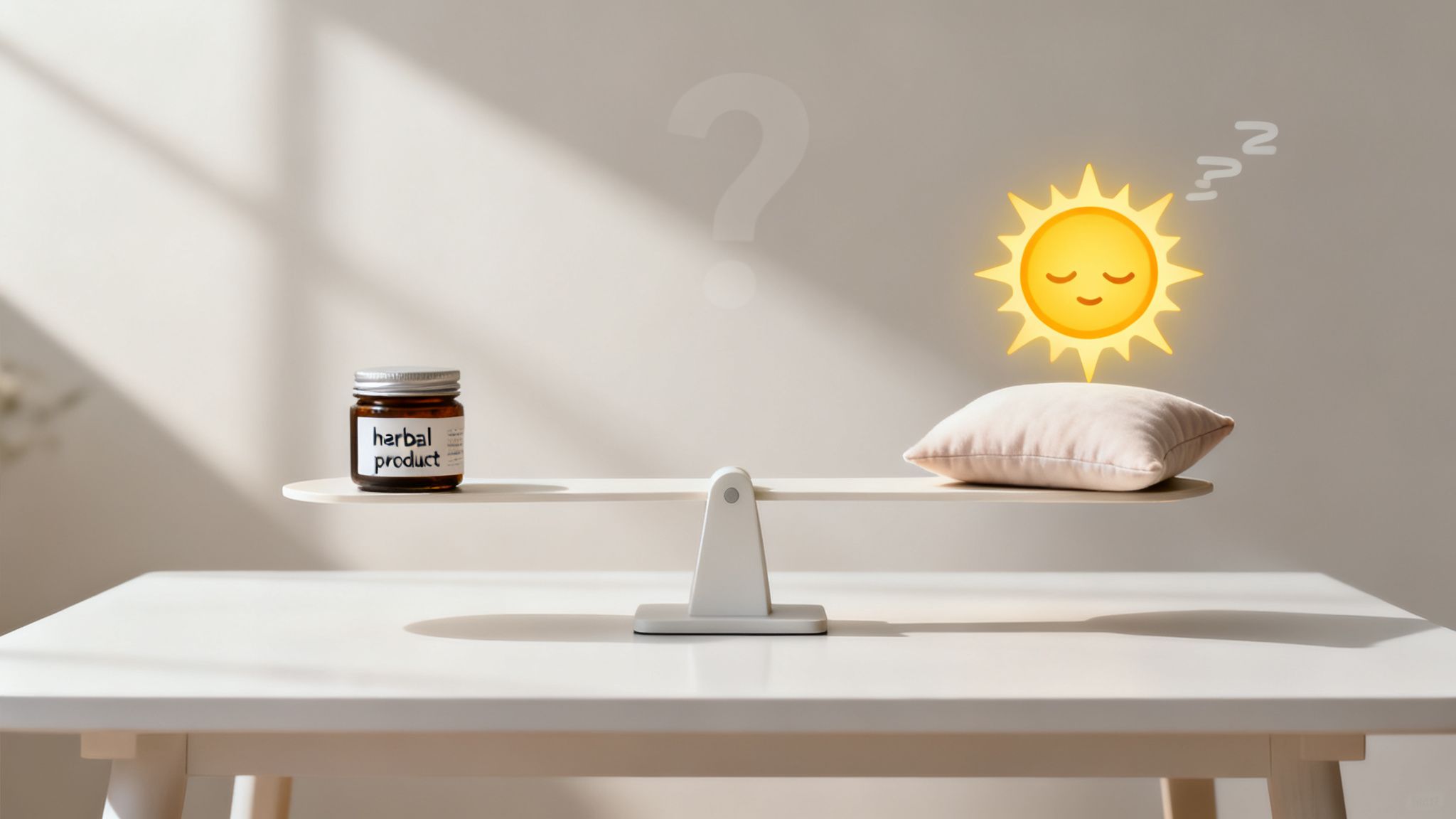Does sativa make you sleepy: debunking myths and your cannabis experience 1 Balance scale comparing 'herbal product' to a pillow and sleeping sun emoji, posing a question about sleep.