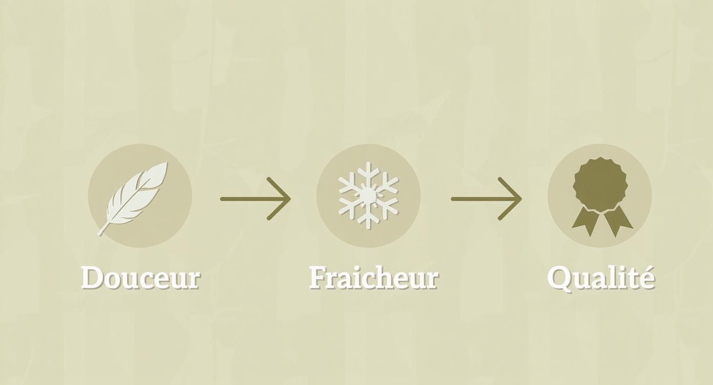 Infographie illustrant les trois avantages clés des draps en bambou : douceur, fraîcheur et qualité.
