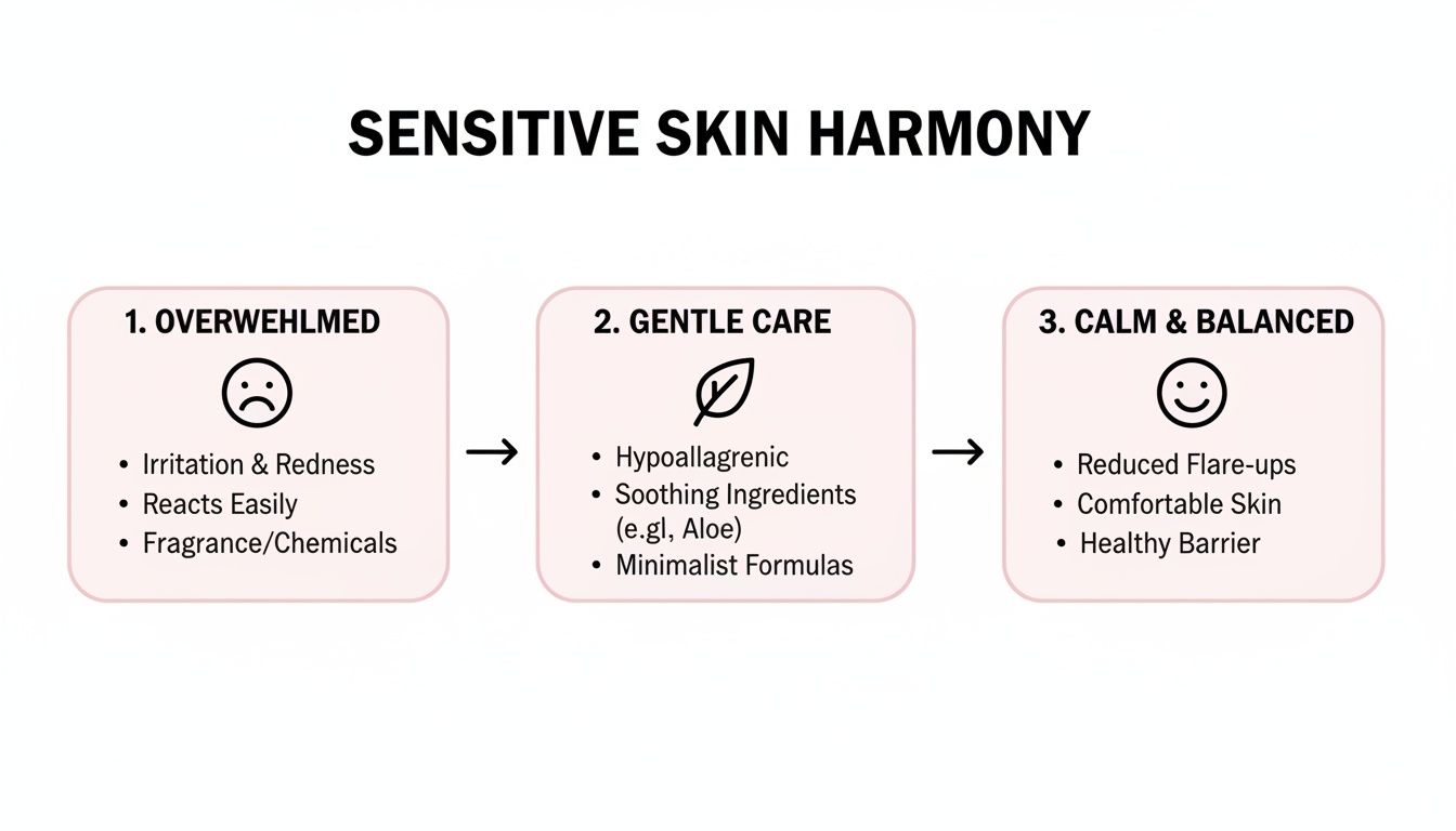 Diagram showing a three-step journey to sensitive skin harmony, from overwhelmed to calm and balanced.
