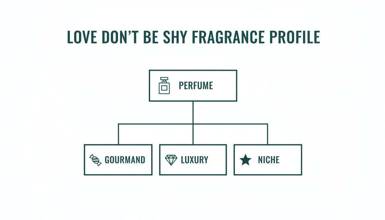 Diagram showing 'Love Don't Be Shy' perfume profile, categorized as Gourmand, Luxury, and Niche.