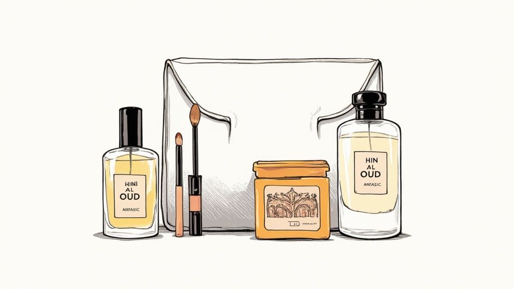 A beautiful arrangement of niche perfumes from regional brands like Hind Al Oud and Anfasic.