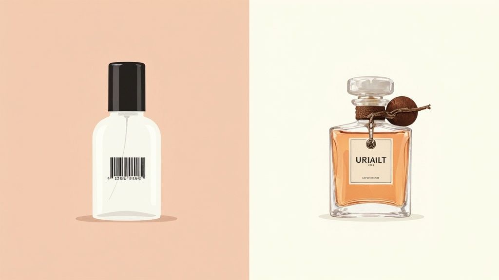 A close-up of a luxurious niche perfume bottle against a dark background