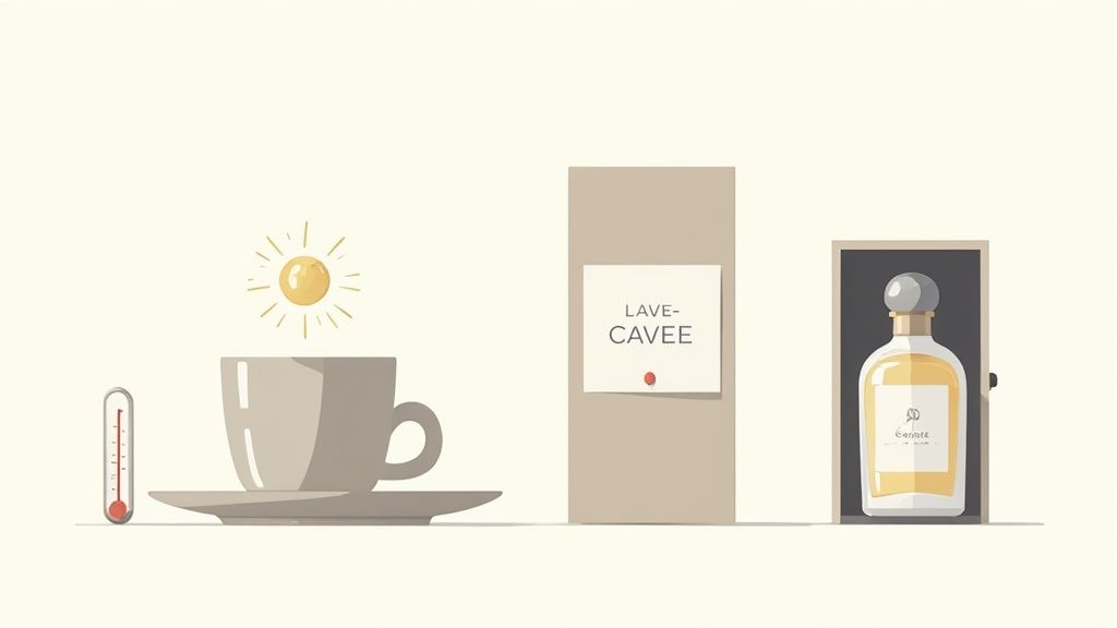 A luxury patchouli perfume bottle displayed on a vanity with soft lighting.