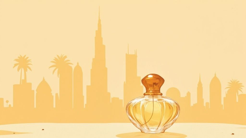 A luxurious bottle of oud perfume with intricate details, placed on a dark, elegant surface