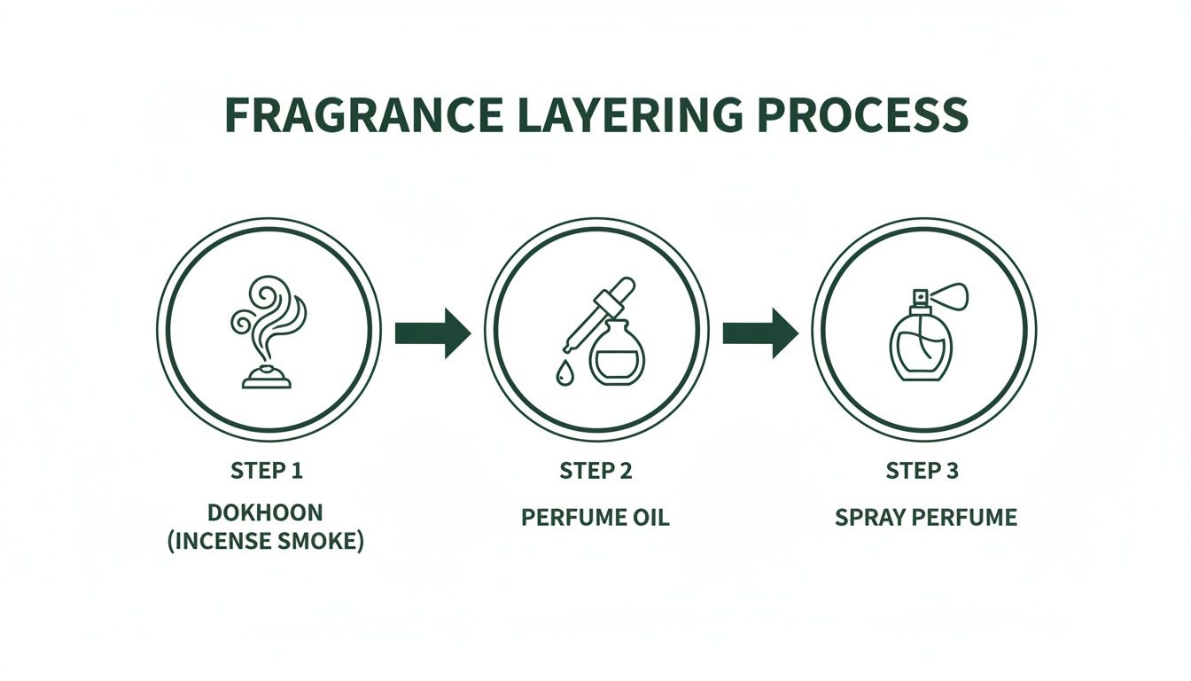 A three-step fragrance layering process showing dokhoon (incense smoke), perfume oil, and spray perfume.