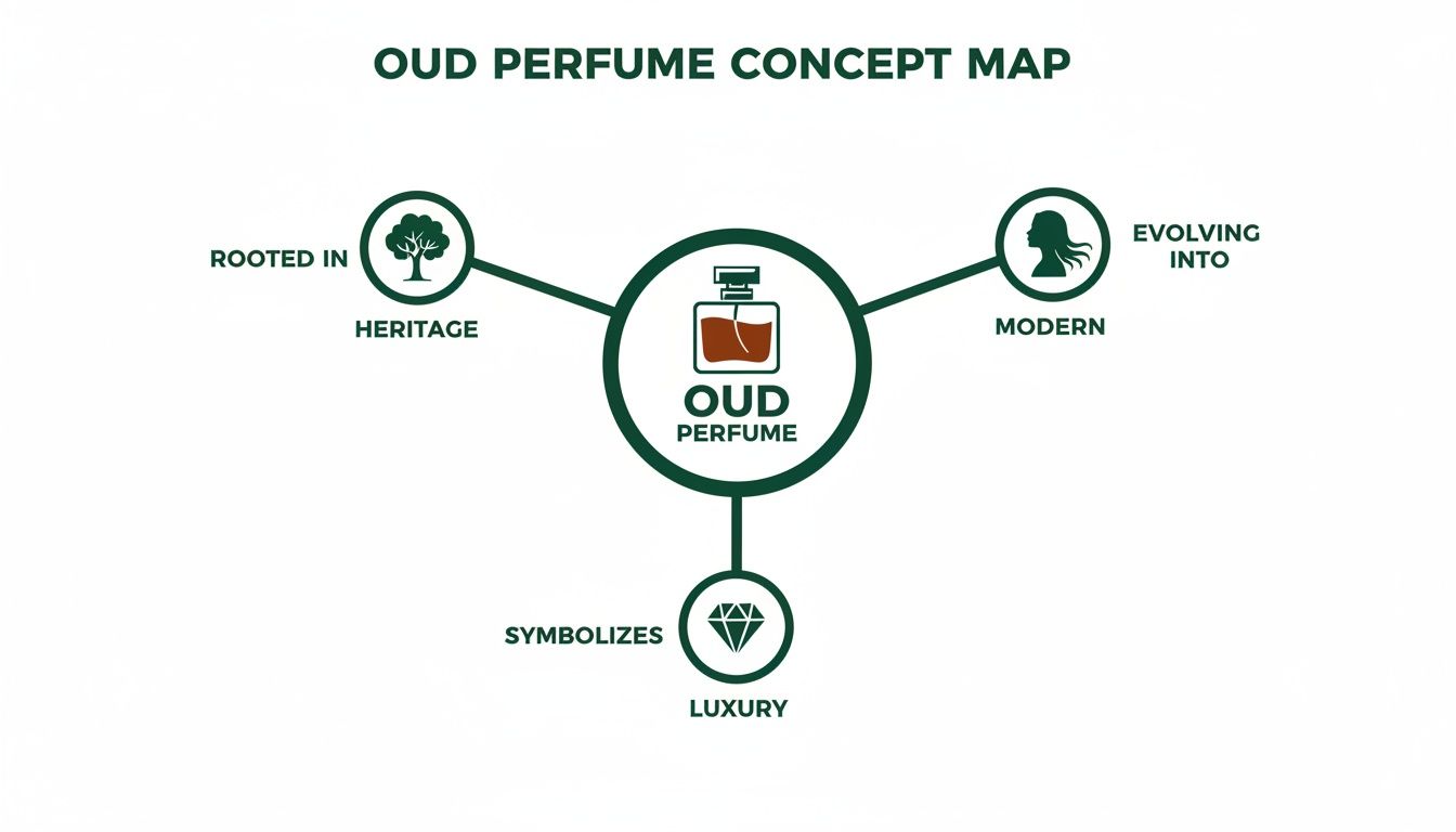 A concept map illustrating Oud Perfume's connections to heritage, modern evolution, and luxury.