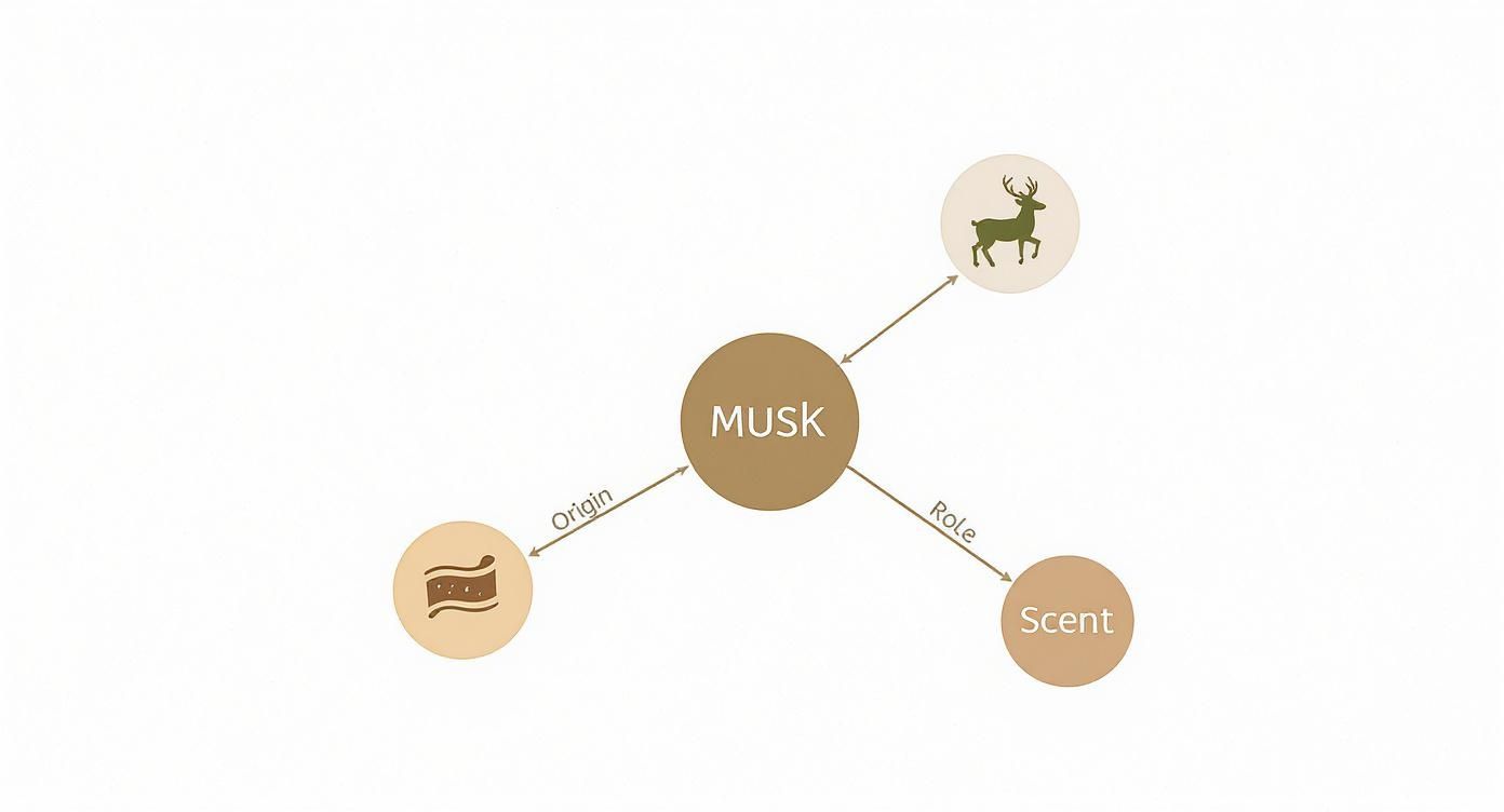Diagram showing musk origin from deer glands and its role as perfume scent ingredient