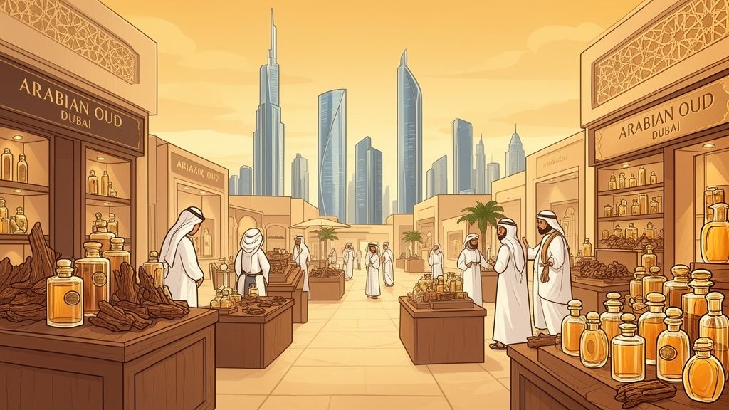 A bustling Arabian Oud market in Dubai with traditional stalls, men in thobes, and a modern city skyline.