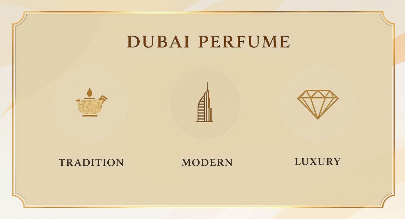 Dubai perfume brand showcasing tradition, modern architecture, and luxury diamond icons on elegant gold background