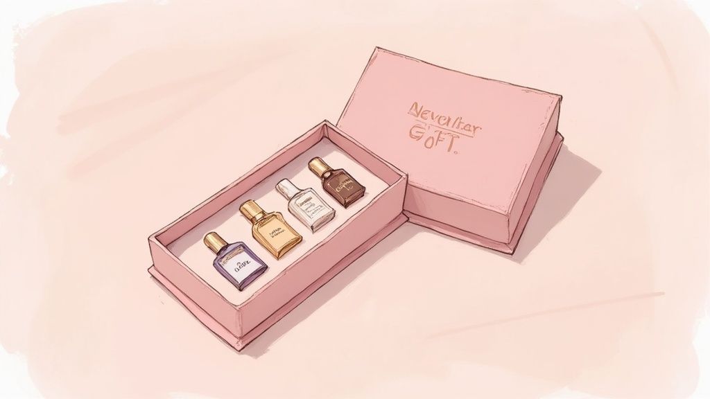 A beautifully arranged miniature perfume set with various small bottles on a decorative tray