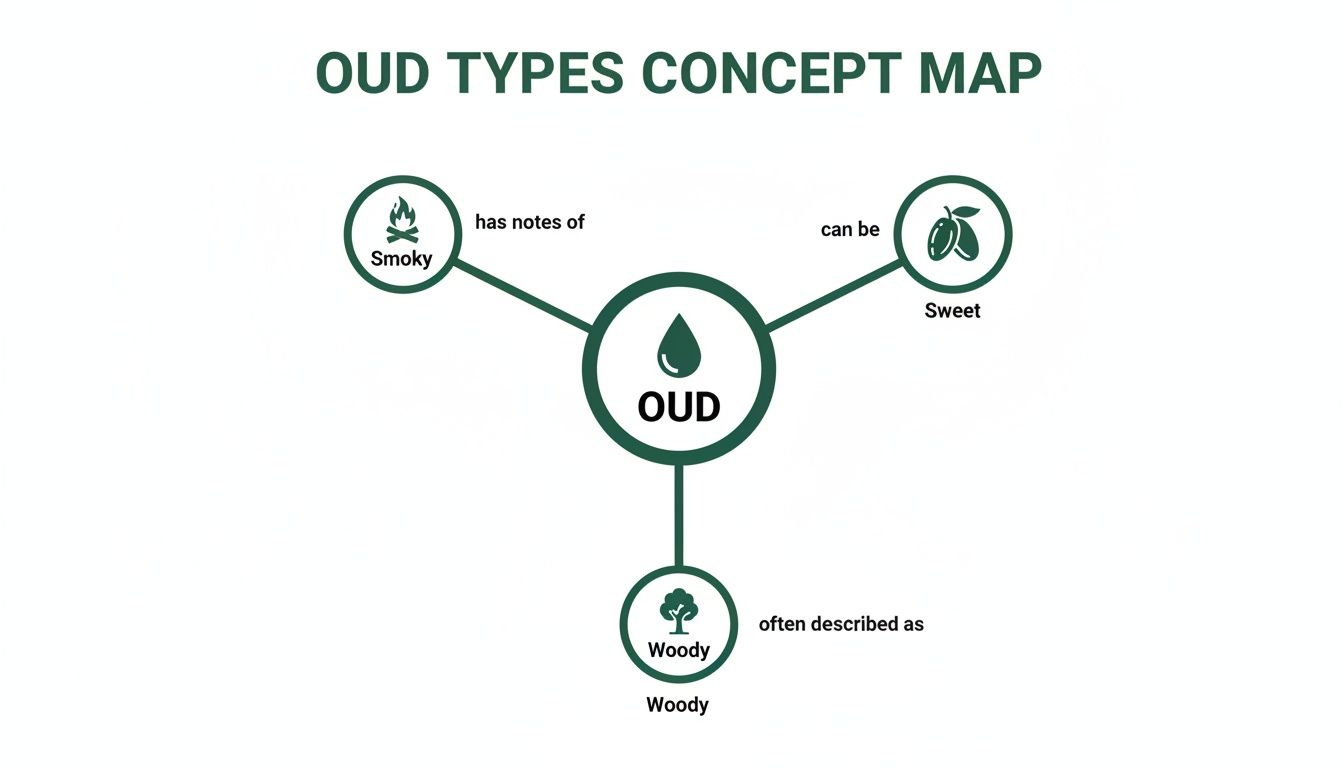 A concept map illustrating Oud types, showing characteristics like smoky, sweet, and woody notes.