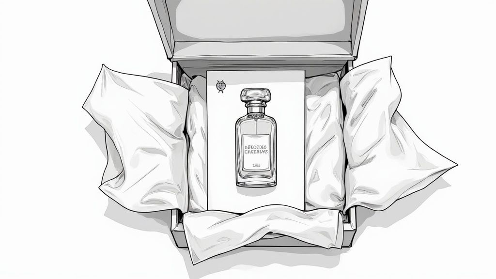 A grayscale drawing of an opened gift box revealing a perfume bottle nestled on a white card, surrounded by tissue paper.