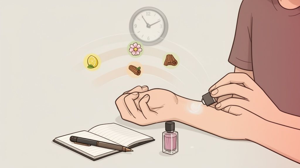 A person applies perfume to their wrist, showing scent notes evolving over time, next to a notebook.