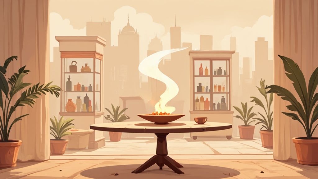 An indoor scene with potted plants, a table holding a smoking bowl, and shelves with bottles, against a blurred city background.