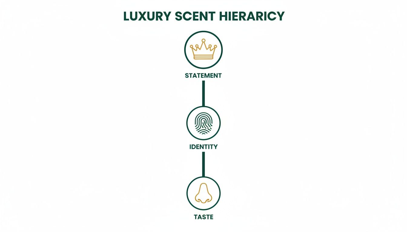 A luxury scent hierarchy infographic illustrating statement, identity, and taste levels with icons.