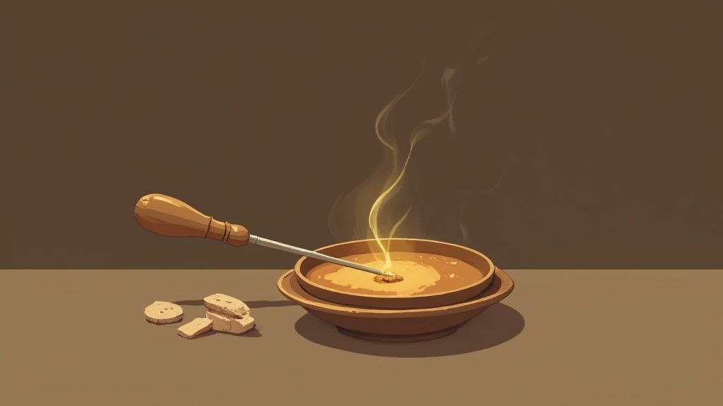A traditional mabkhara with glowing charcoal and bakhoor chips ready to be burned, set against an elegant background.