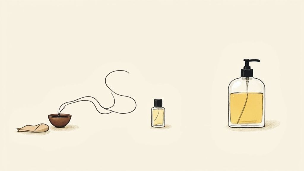 A woman layering different perfumes, with bottles and bakhoor incense visible.