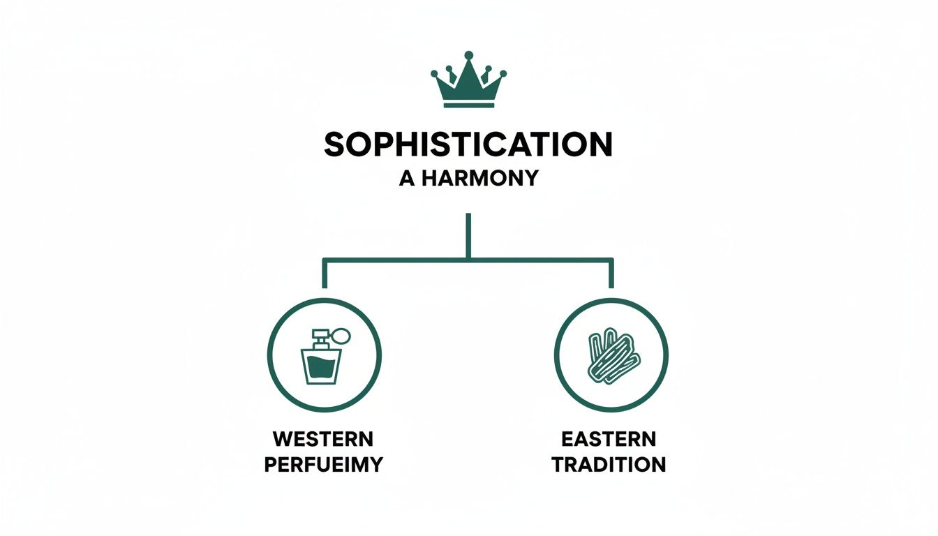 A diagram illustrates sophistication as a harmony, linking Western perfumery with Eastern tradition using icons.