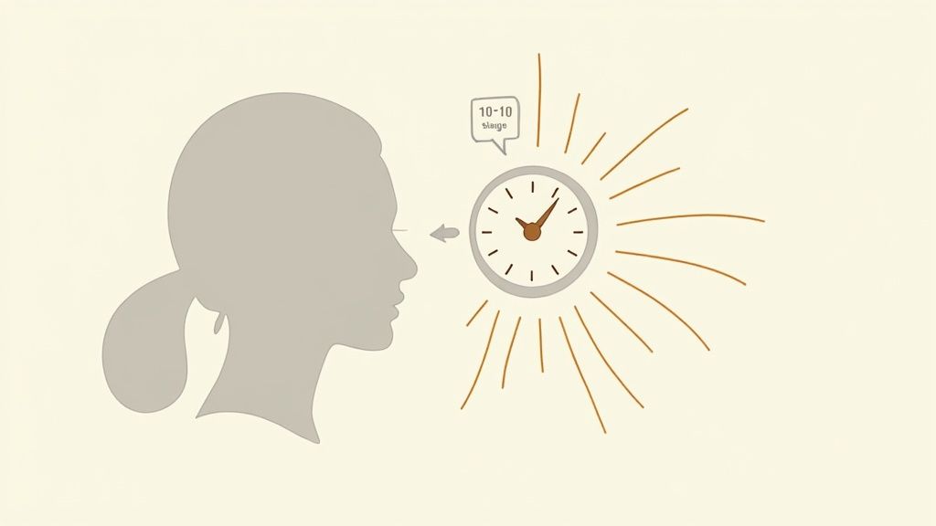Silhouette of a person focusing on a clock with "10-10 slage" message, indicating an eye exercise.