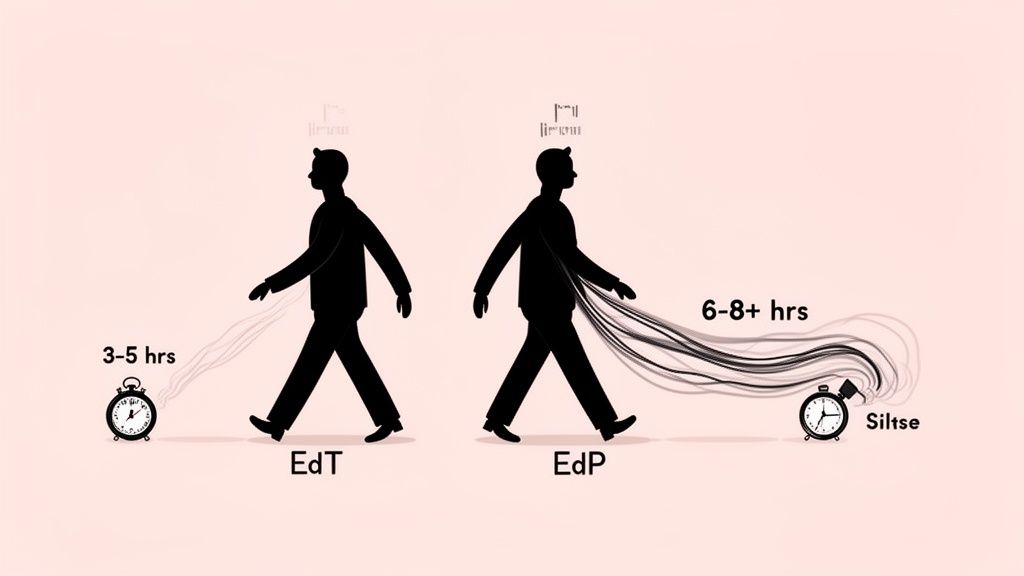 Infographic comparing Eau de Toilette (3-5 hrs) and Eau de Parfum (6-8+ hrs) longevity with clocks.
