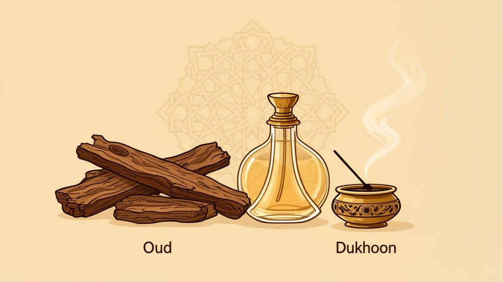 Illustration of Oud wood pieces, a golden perfume bottle, and Dukhoon incense burning in a censer.