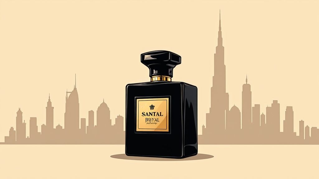 Elegant black and gold 'SANTAL ROYAL' perfume bottle against a minimalist Dubai city skyline.
