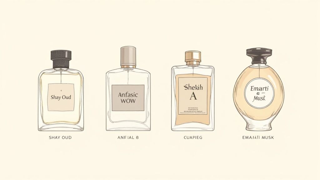 A curated collection of Al Majed for Oud's most iconic perfume bottles, arranged elegantly on a marble surface.