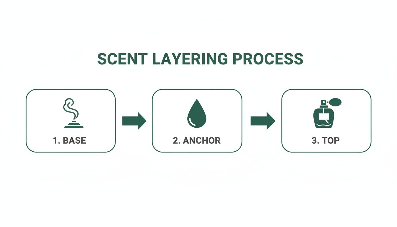 Diagram illustrating the scent layering process with three distinct steps: Base, Anchor, and Top.