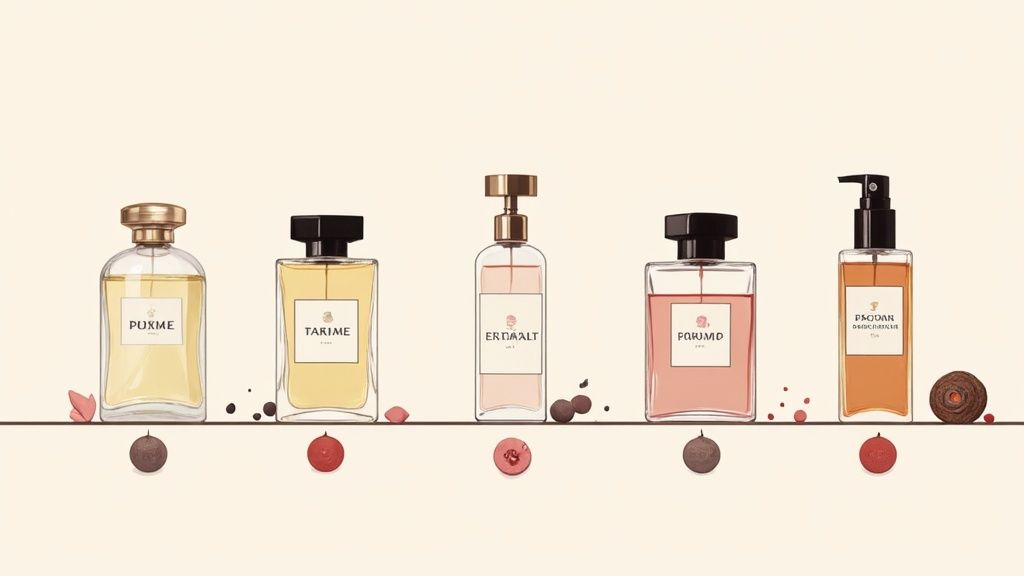 An artistic display of several elegant perfume bottles against a backdrop of dark oud wood and soft pink roses.
