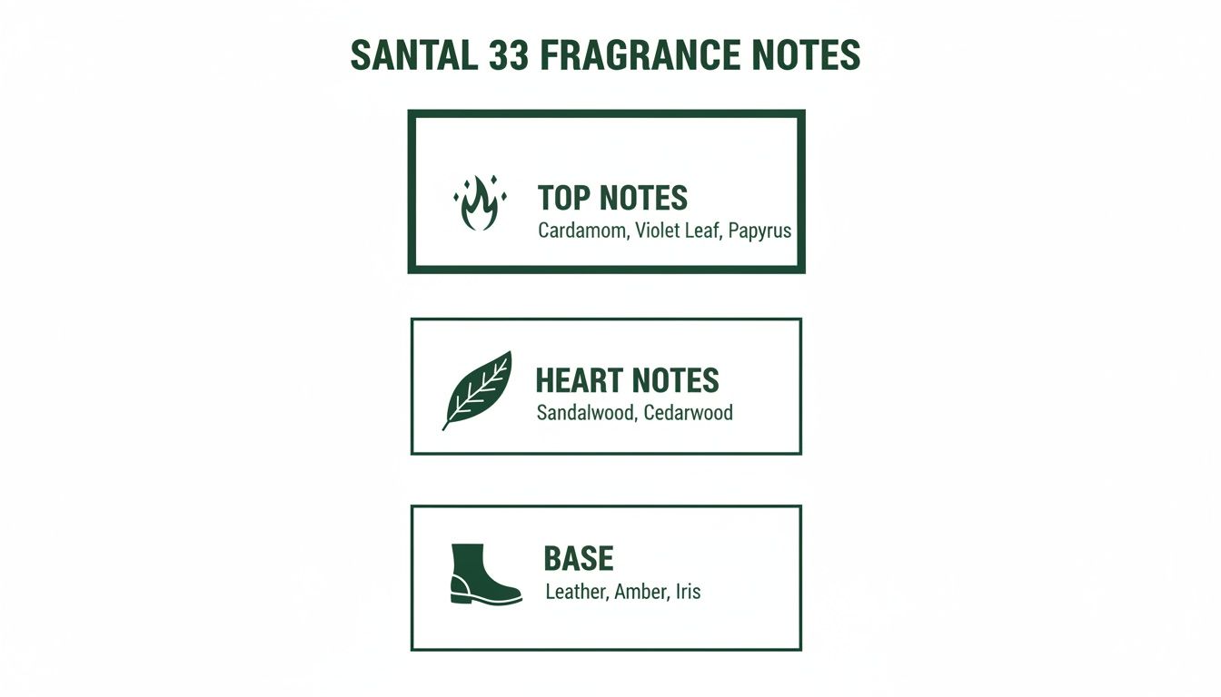 Santal 33 fragrance notes infographic detailing top, heart, and base ingredients.