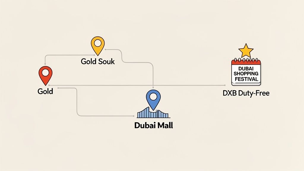 A visual guide to top shopping destinations in Dubai including Gold, Gold Souk, Dubai Mall, and DXB Duty-Free.