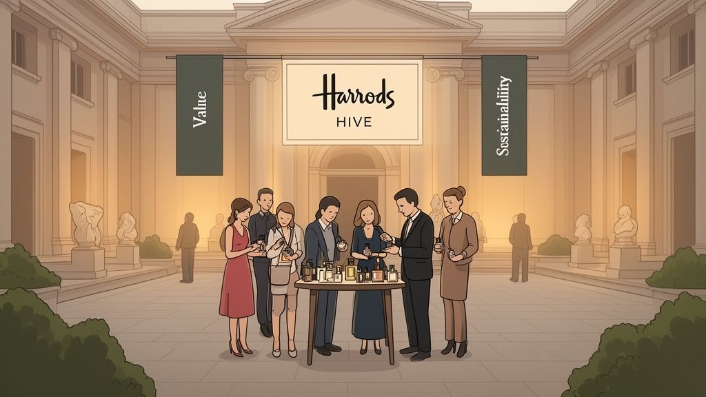 Harrods HIVE event with professionals showcasing luxury products under 'Value' and 'Sustainability' banners.