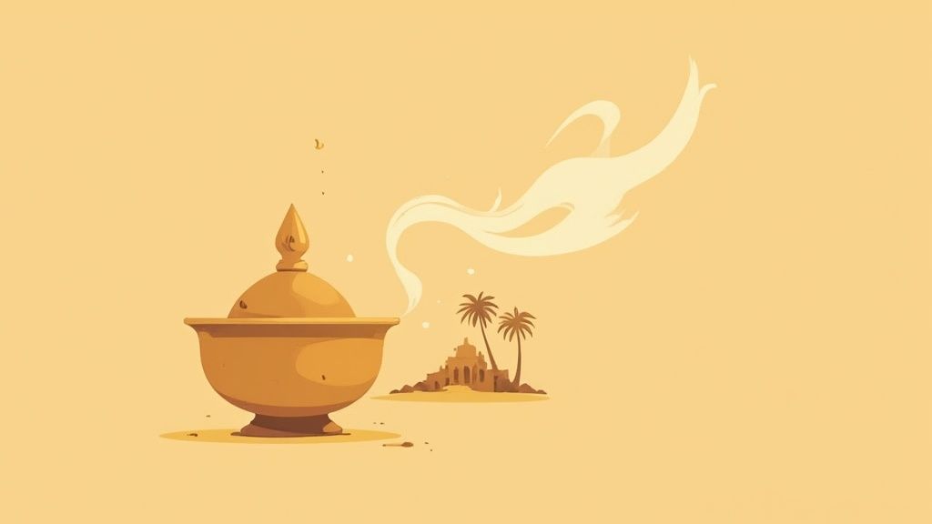 A golden incense burner emits fragrant smoke, with distant palm trees and desert ruins in a warm illustration.