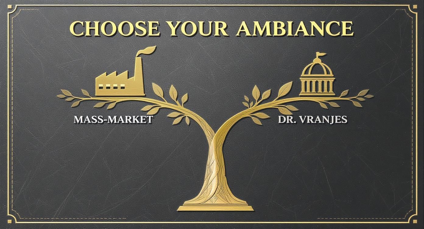 A gold tree with branches comparing 'Mass-Market' (factory icon) and 'Dr. Vranjes' (classical building icon) under 'Choose Your Ambiance' text.