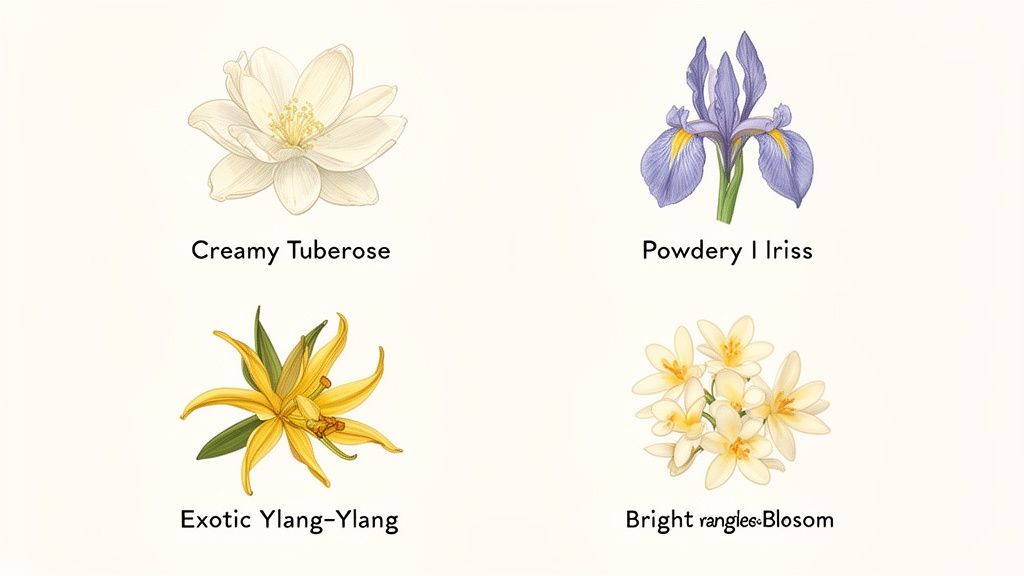 Four botanical illustrations showcasing Creamy Tuberose, Powdery Iris, Exotic Ylang-Ylang, and Bright Orange Blossom.