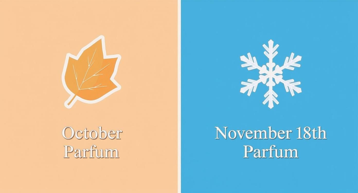 Infographic showing October Parfum with an autumn leaf icon and November 18th Parfum with a snowflake icon, representing seasonal scents.