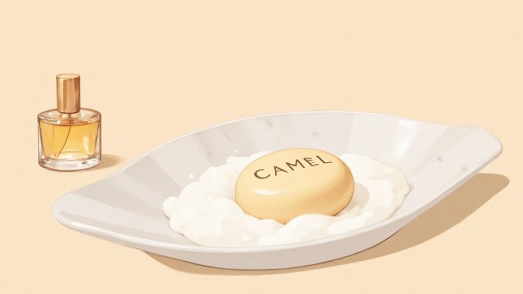 A perfume bottle and a round 'CAMEL' soap on a white dish against a pale yellow background.