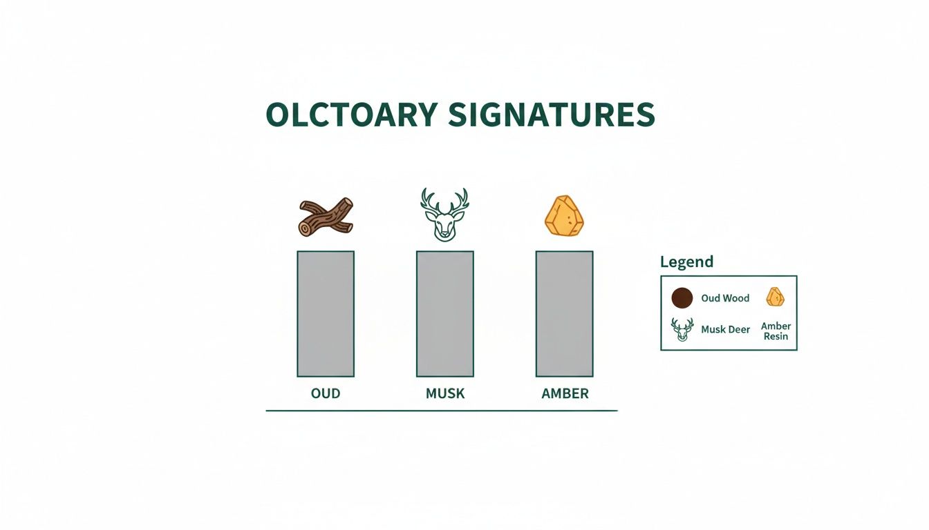 Olfactory signatures chart showing Oud, Musk, and Amber with their respective icons and a legend.