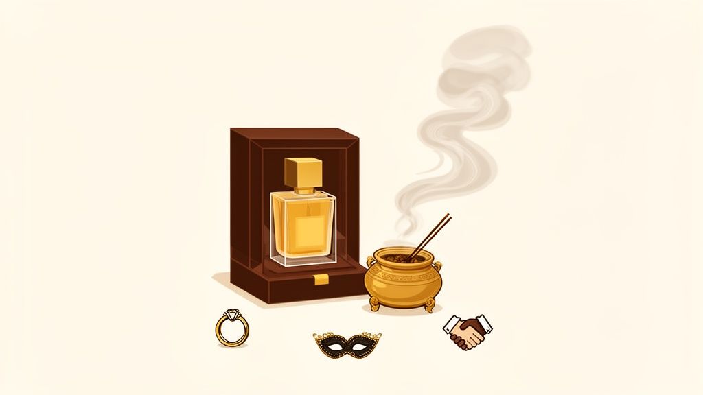 Luxury items: a perfume bottle, smoking incense, diamond ring, masquerade mask, and a handshake.
