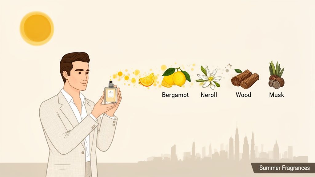 Man holding a perfume bottle, illustrating summer fragrance notes including bergamot, neroli, wood, and musk.