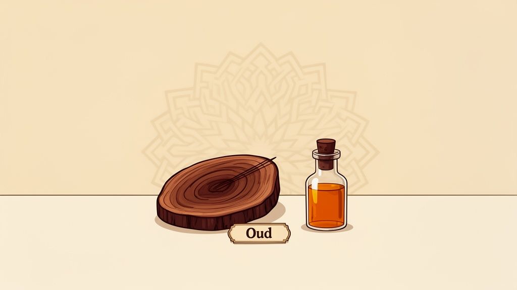 Illustration of an oud wood slice, incense sticks, and a small bottle of amber oud oil labeled 'Oud'.