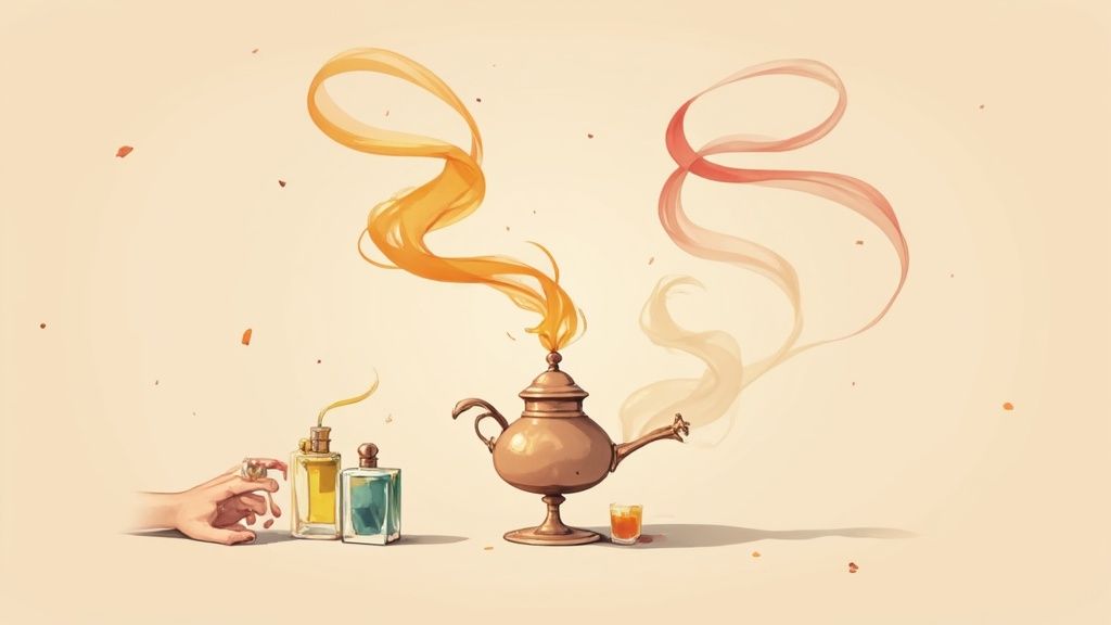 A mystical genie lamp emits orange and red smoke, with perfume bottles and a hand nearby.