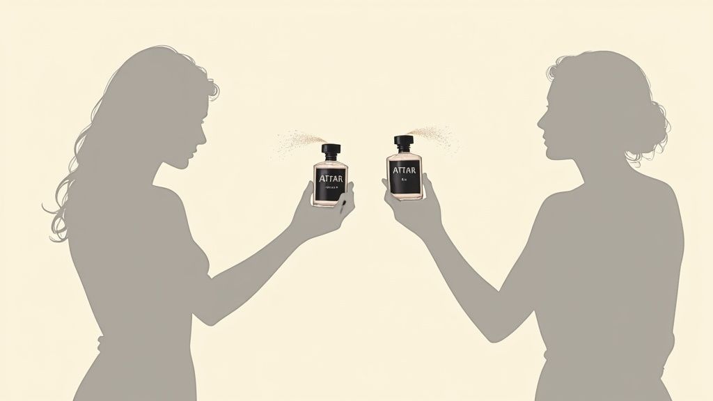A person applying oud perfume to their wrist with an elegant bottle in the background.