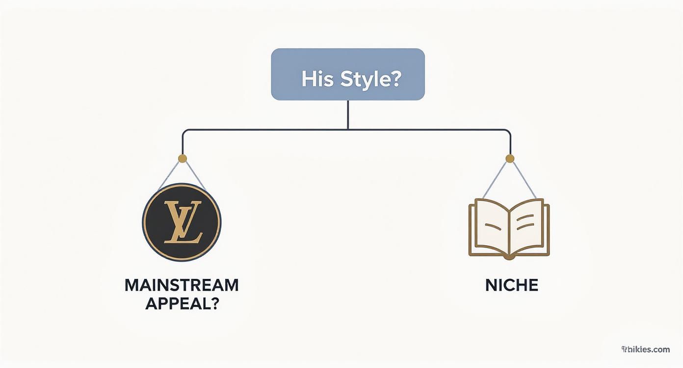 Infographic decision tree for choosing between Niche and Designer fragrances for men gift sets.