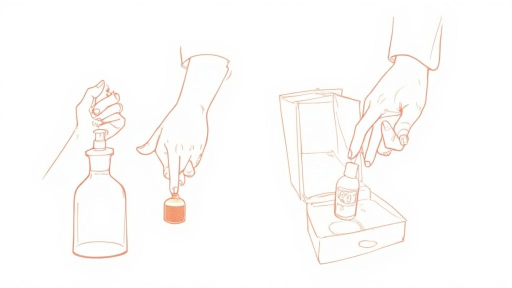 Hands interacting with perfume bottles, a large dispenser, and placing a small bottle into a product box.