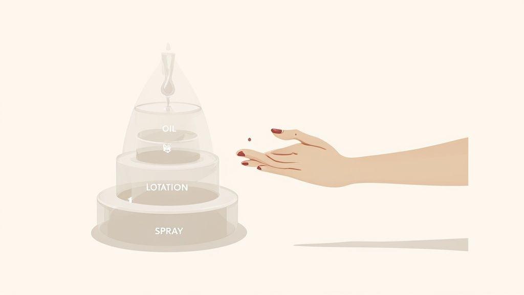 A diagram illustrating different perfume forms: oil, lotion, and spray, next to a hand with a drop.